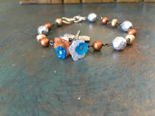 Load image into Gallery viewer, Sweet and Lovely, Metallic Bronze, Copper and Silver Beaded, Link Bracelet, with Dragonfly and Floral Dangles
