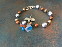 Load image into Gallery viewer, Sweet and Lovely, Metallic Bronze, Copper and Silver Beaded, Link Bracelet, with Dragonfly and Floral Dangles
