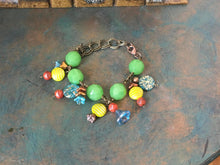 Load image into Gallery viewer, Fun N Funky, Handcrafted Bracelet with Mixed Beads of Czech Glass, Ceramic Beads and Glass Flowers  in Green, Blue, Lime &amp; Rust Colorations
