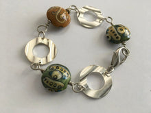 Load image into Gallery viewer, Handcrafted Handpainted Ceramic Beaded and Silvertone Disc Bracelet with Funky Flair
