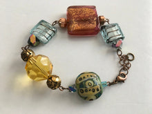Load image into Gallery viewer, Handcrafted Foiled Murano Glass and Hand Painted Ceramic Beaded Bracelet in Green, Earthtones and Blue Colorations
