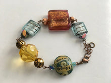Load image into Gallery viewer, Handcrafted Foiled Murano Glass and Hand Painted Ceramic Beaded Bracelet in Green, Earthtones and Blue Colorations
