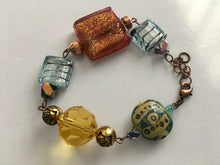 Load image into Gallery viewer, Handcrafted Foiled Murano Glass and Hand Painted Ceramic Beaded Bracelet in Green, Earthtones and Blue Colorations
