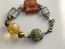 Load image into Gallery viewer, Handcrafted Foiled Murano Glass and Hand Painted Ceramic Beaded Bracelet in Green, Earthtones and Blue Colorations
