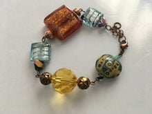 Load image into Gallery viewer, Handcrafted Foiled Murano Glass and Hand Painted Ceramic Beaded Bracelet in Green, Earthtones and Blue Colorations

