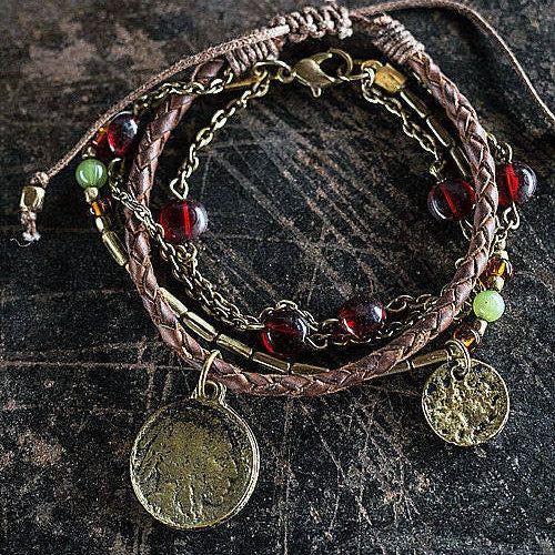 Ethnic, Multi Strand Leather, Beaded Bracelet in Braided Brown Leather, Metallic Chain, W/Red and Green Beads with Brass Coins-OJ-BRC-COIN