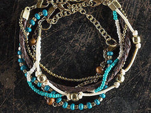 Load image into Gallery viewer, Ethnic, Multi Strand Leather and Beaded Bracelet in Browns, Turquoise Blue, and White Colorations-OJ-BRC-BLU3
