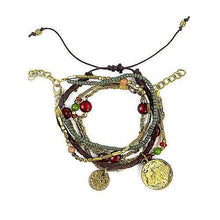 Load image into Gallery viewer, Ethnic, Multi Strand Leather, Beaded Bracelet in Braided Brown Leather, Metallic Chain, W/Red and Green Beads with Brass Coins-OJ-BRC-COIN
