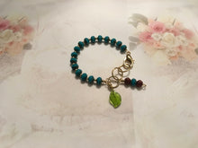 Load image into Gallery viewer, Feminine, Delicate, Handcrafted Bracelet, with Capri Blue Czech Glass, Petite Golden Beads, Green Glass Petal &amp; Copper Czech Drop
