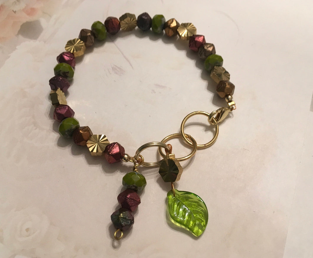 Feminine, Delicate, Handcrafted Bracelet, with Earthtone Czech Glass Beads, Sunburst Golden Beads, Green Glass Petal & Copper Czech Drop