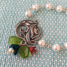 Load image into Gallery viewer, For the Bride, Vintage Style, Handcrafted, White Glass Pearl, Bridal Bracelet with Art Deco Centerpiece and Floral Charms
