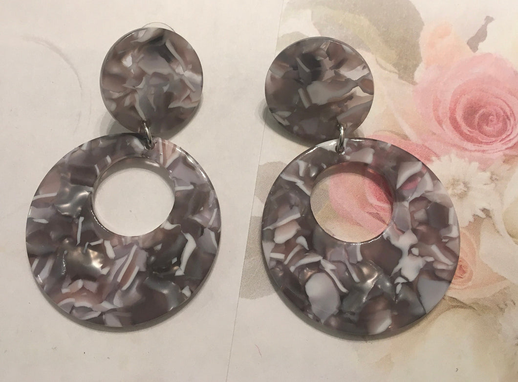 Retro, Dark Grey Tortoise Shell, Geometric, Circle Drop, Resin Earrings with Small Circle Push Back