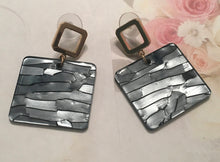 Load image into Gallery viewer, Retro, Geometric, Square, Resin, Drop Earrings  with Goldtone Square Push Back in Slate Grey Colorations
