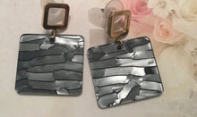 Load image into Gallery viewer, Retro, Geometric, Square, Resin, Drop Earrings  with Goldtone Square Push Back in Slate Grey Colorations
