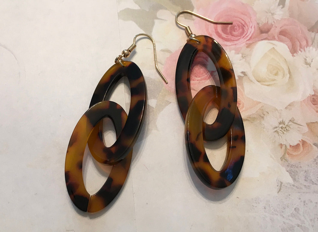 Retro, Tortoise Shell, Geometric, Double Oval, Resin, Drop Earrings