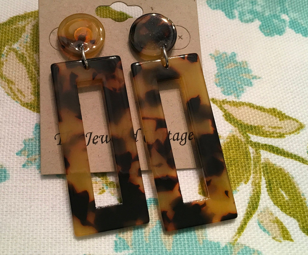 Large, Retro, Dark Tortoise Shell, Geometric, Rectangular, Resin, Drop Earrings