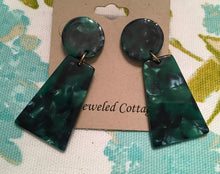 Load image into Gallery viewer, Retro, Tortoise Fan Shaped, Geometric, Triangular, Resin, Drop Earrings in Malachite Green Colorations
