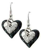 Load image into Gallery viewer, Heart Shaped Drop Earrings in 2 color choices, Patina Gold or Patina Green with plain Silver tone heart center.
