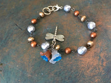 Load image into Gallery viewer, Sweet and Lovely, Metallic Bronze, Copper and Silver Beaded, Link Bracelet, with Dragonfly and Floral Dangles
