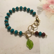 Load image into Gallery viewer, Feminine, Delicate, Handcrafted Bracelet, with Capri Blue Czech Glass, Petite Golden Beads, Green Glass Petal &amp; Copper Czech Drop
