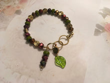 Load image into Gallery viewer, Feminine, Delicate, Handcrafted Bracelet, with Earthtone Czech Glass Beads, Sunburst Golden Beads, Green Glass Petal &amp; Copper Czech Drop
