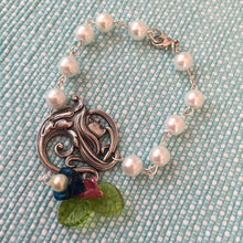 Load image into Gallery viewer, For the Bride, Vintage Style, Handcrafted, White Glass Pearl, Bridal Bracelet with Art Deco Centerpiece and Floral Charms
