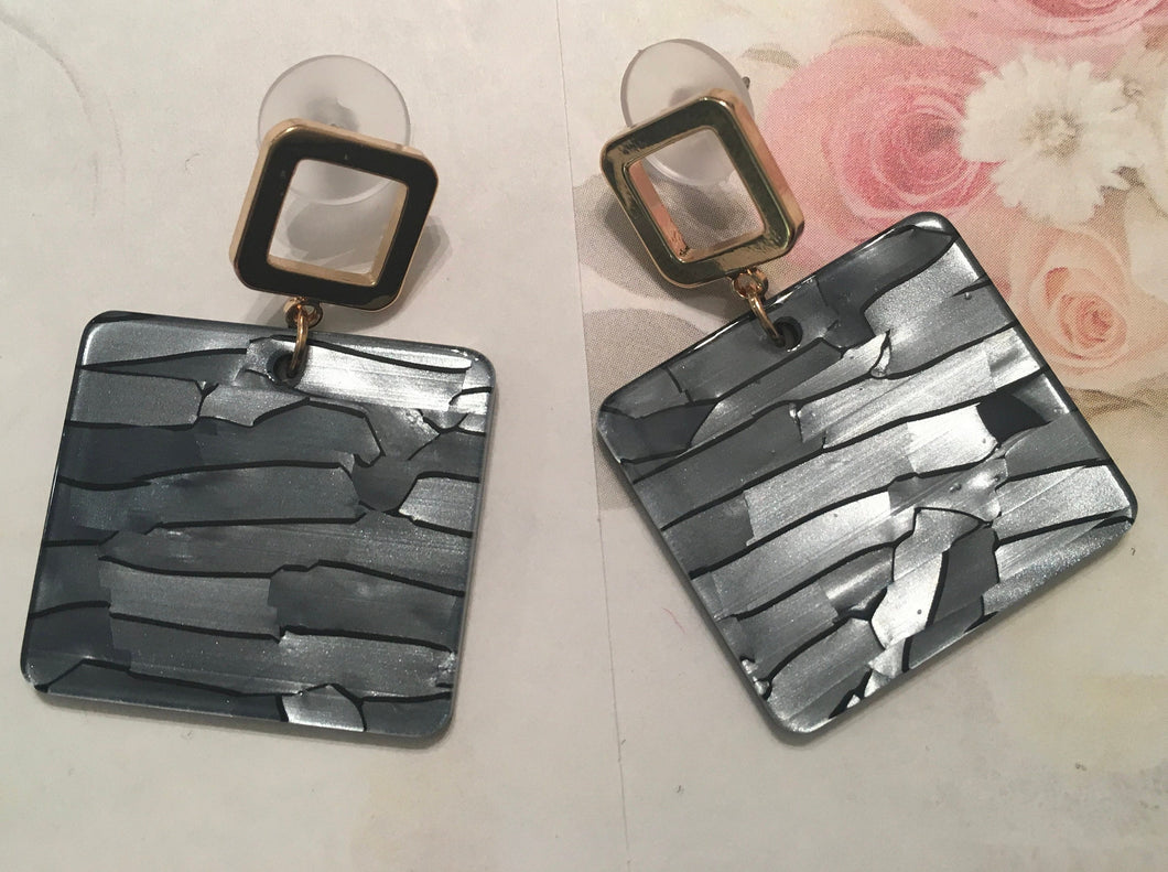 Retro, Geometric, Square, Resin, Drop Earrings  with Goldtone Square Push Back in Slate Grey Colorations