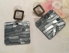 Load image into Gallery viewer, Retro, Geometric, Square, Resin, Drop Earrings  with Goldtone Square Push Back in Slate Grey Colorations
