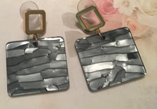 Load image into Gallery viewer, Retro, Geometric, Square, Resin, Drop Earrings  with Goldtone Square Push Back in Slate Grey Colorations
