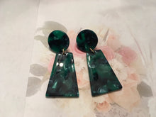 Load image into Gallery viewer, Retro, Tortoise Fan Shaped, Geometric, Triangular, Resin, Drop Earrings in Malachite Green Colorations
