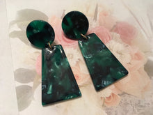 Load image into Gallery viewer, Retro, Tortoise Fan Shaped, Geometric, Triangular, Resin, Drop Earrings in Malachite Green Colorations
