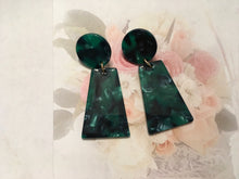 Load image into Gallery viewer, Retro, Tortoise Fan Shaped, Geometric, Triangular, Resin, Drop Earrings in Malachite Green Colorations
