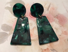 Load image into Gallery viewer, Retro, Tortoise Fan Shaped, Geometric, Triangular, Resin, Drop Earrings in Malachite Green Colorations
