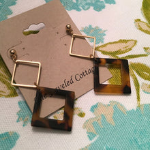 Load image into Gallery viewer, Retro, Tortoise Shell, Geometric, Double Square, Resin and Metal, Drop Earrings
