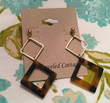 Load image into Gallery viewer, Retro, Tortoise Shell, Geometric, Double Square, Resin and Metal, Drop Earrings
