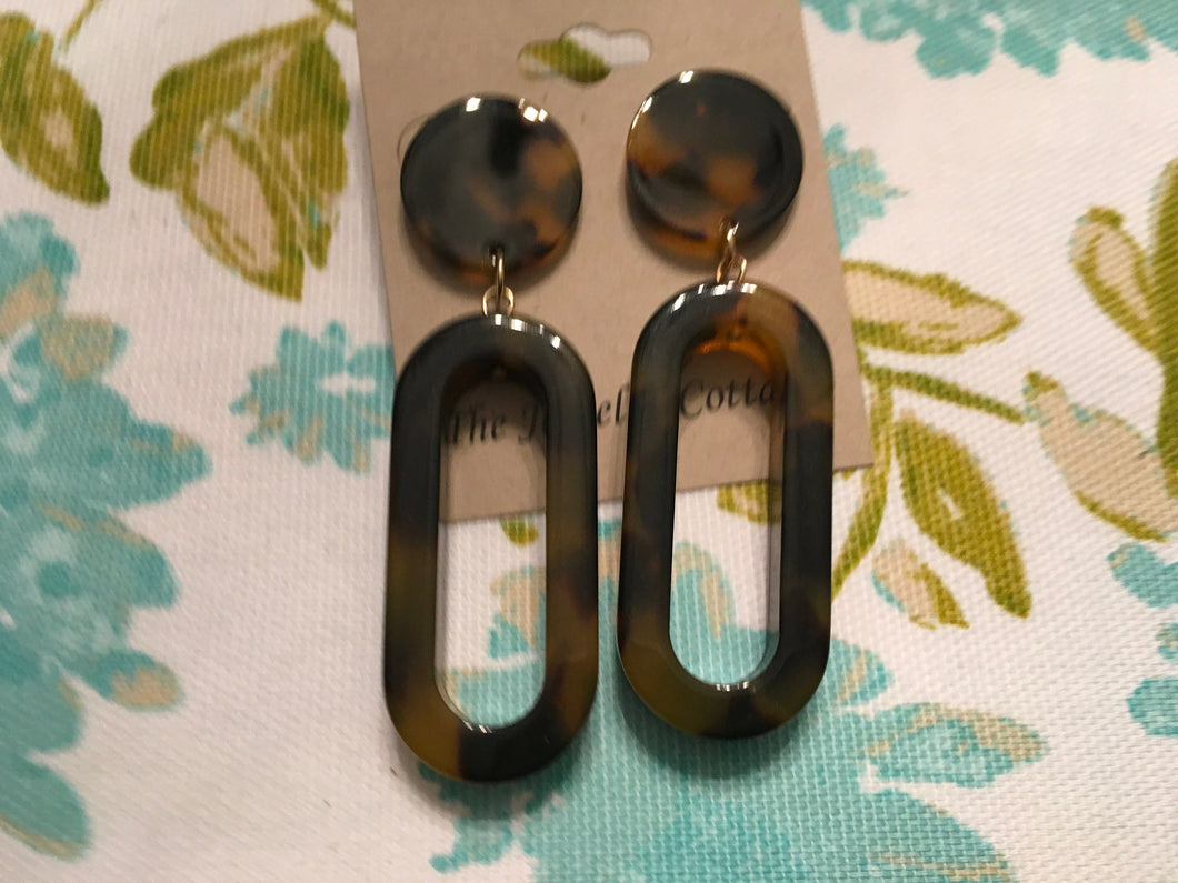 Retro, Dark Tortoise Shell, Geometric, Oblong, Resin, Drop Earrings