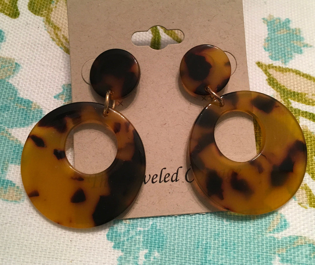 Retro, Dark Tortoise Shell, Geometric, Circle Drop, Resin Earrings with Smaller  Circle Push Back