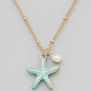 Load image into Gallery viewer, Hand Crafted, Patina and Gold-Tone Star Fish, and Freshwater Pearl Dangle, Necklace
