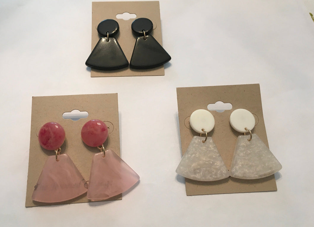 Retro, Geometric, Trapezoidal, Resin, Drop Earrings in Pink, Jet Black or Off White Color Choices