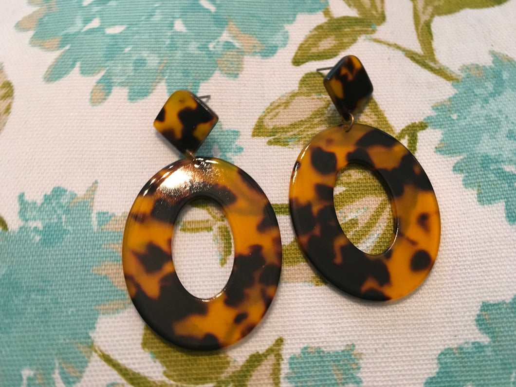 NEW STYLE!  Retro, Geometric, Oval, Resin, Tortoise Shell Drop Earrings in Dark Tortoise  Colorations