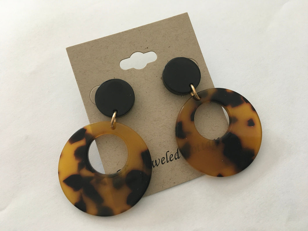 Retro, Dark Tortoise Shell, Geometric, Circle Drop, Resin Earrings with Smaller Black Circle Push Back