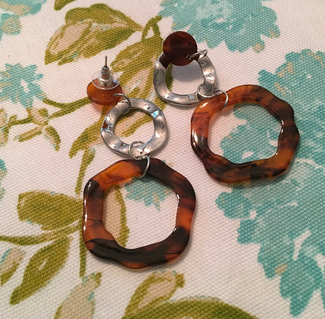 NEW STYLE! Retro, Multi- Design, Geometric, Circular, Tortoise Shell,  Earrings with Silvertone or Goldtone Metal Drop