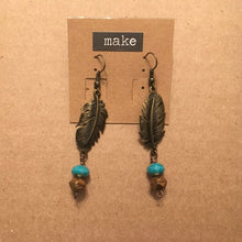 Load image into Gallery viewer, Boho Feather Style Drop Earrings with Czech Glass Stone Dangles in Turquoise and Bronze Colorations
