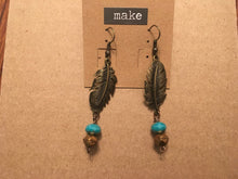 Load image into Gallery viewer, Boho Feather Style Drop Earrings with Czech Glass Stone Dangles in Turquoise and Bronze Colorations
