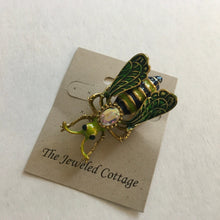 Load image into Gallery viewer, Medium Size Green Fly Brooch in Green, Purple and Gold Colorations with AB Crystal Center Stone
