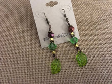 Load image into Gallery viewer, Czech Glass, Boho, Drop Earrings with Green and Bronze Metallic Czech Beads and Glass Leaves
