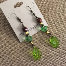 Load image into Gallery viewer, Czech Glass, Boho, Drop Earrings with Green and Bronze Metallic Czech Beads and Glass Leaves
