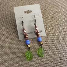 Load image into Gallery viewer, Czech Glass, Boho,  Drop Earrings with Periwinkle and Bronze Metallic Czech Beads and Glass Leaves
