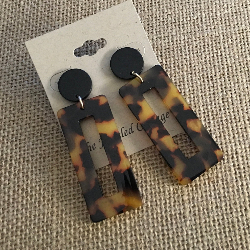 Large, Retro, Dark Tortoise Shell, Geometric, Rectangular, Resin, Drop Earrings with Black Circular Push Back