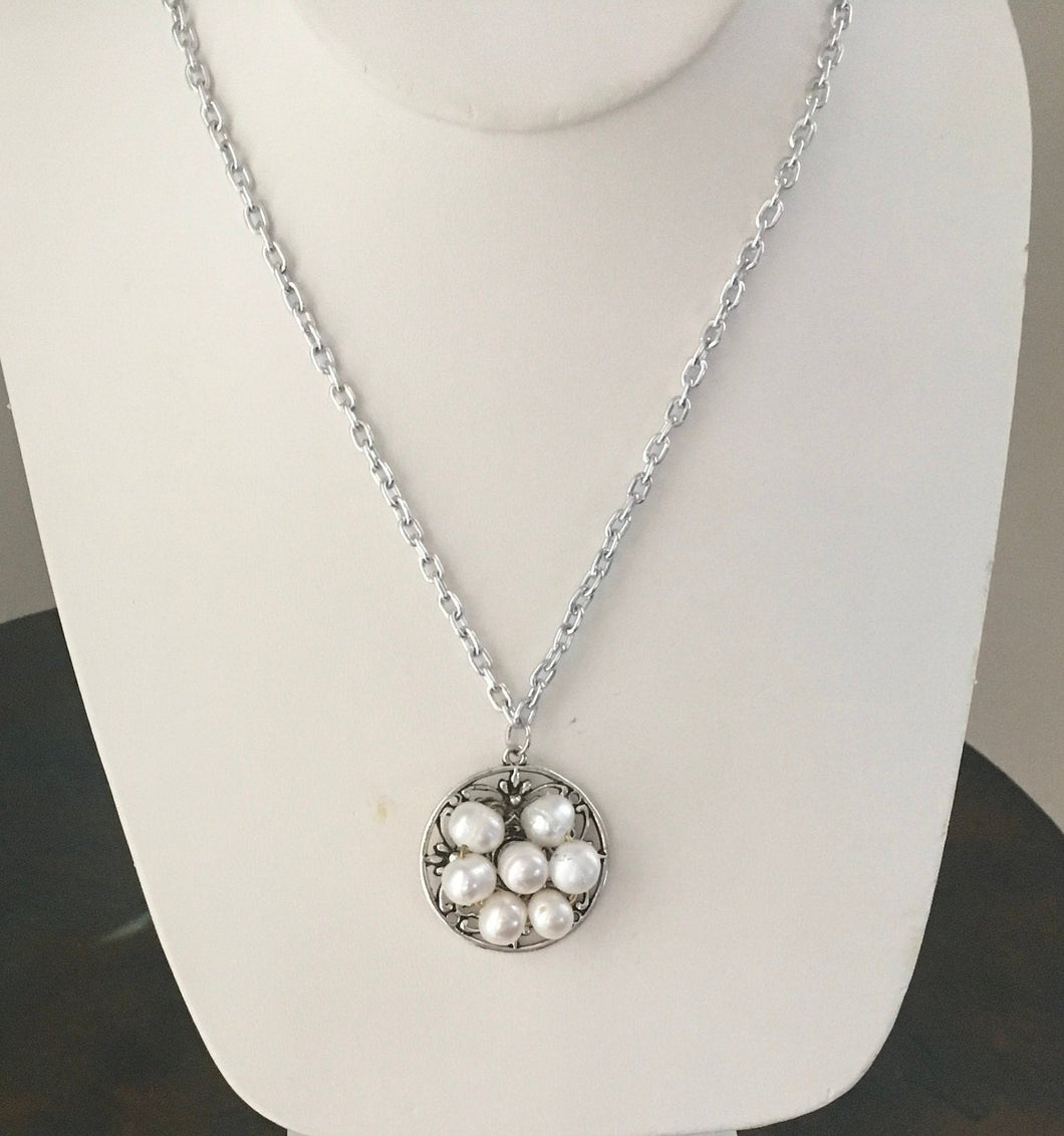 For the Bride, Vintage Style, Handcrafted, Bridal Necklace with Glass Pearls, and Silver Tone chain and filigree pendant